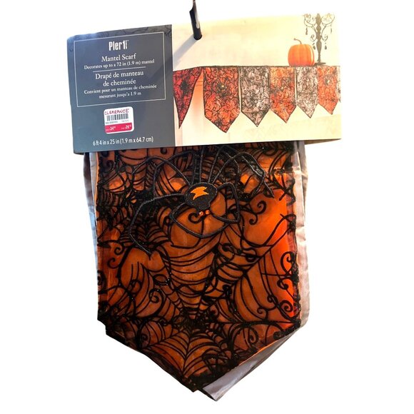 Nos Pier 1 Imports Halloween Glitter Spider Web Mantel Scarf Black & Orange - Picture 1 of 4